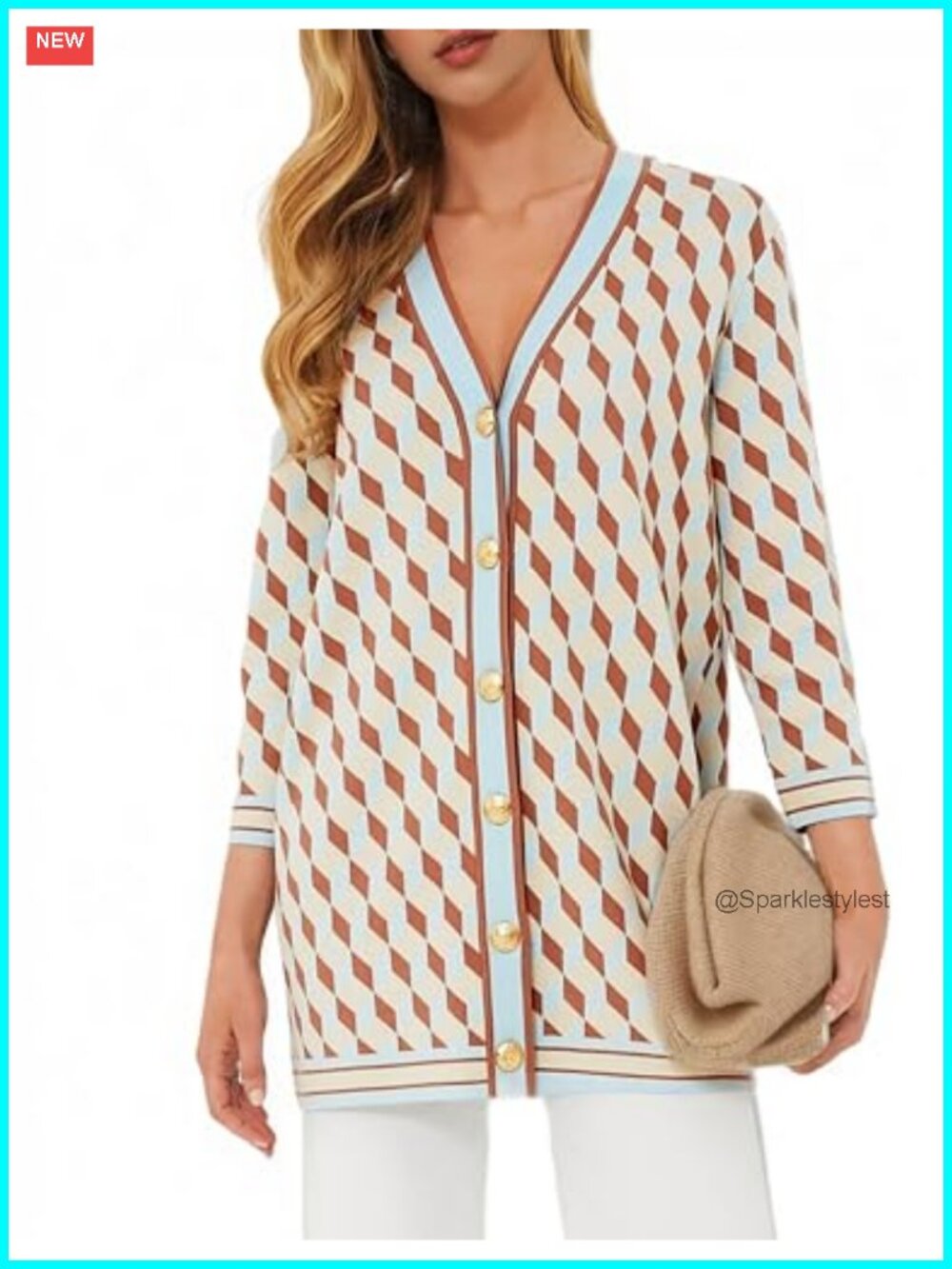 Women's Cardigan Sweater Argyle Knit Button Front Relaxed Oversized 3/4 Sleeve